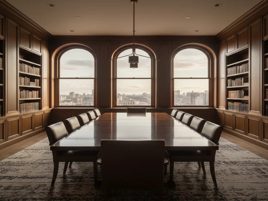 Sala privada de socios vacía con mesa larga de madera pulida y ventanas altas con vista a la ciudad