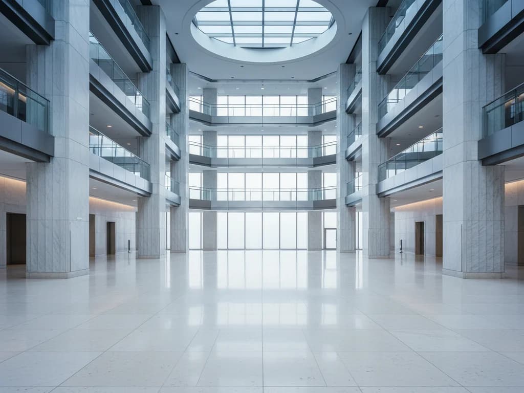 Atrio interior de un banco privado moderno con altas columnas de mármol