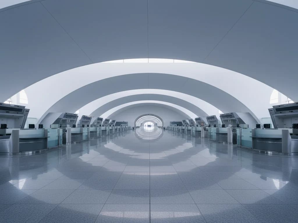 Sala moderna de control de pasaportes al amanecer con pisos de piedra pulida y techo curvo