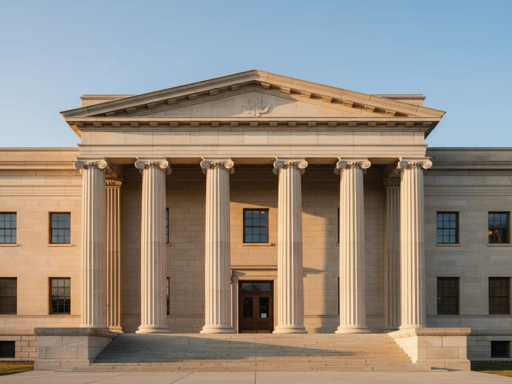 Fachada clásica de juzgado con altas columnas de piedra bajo la luz de la mañana