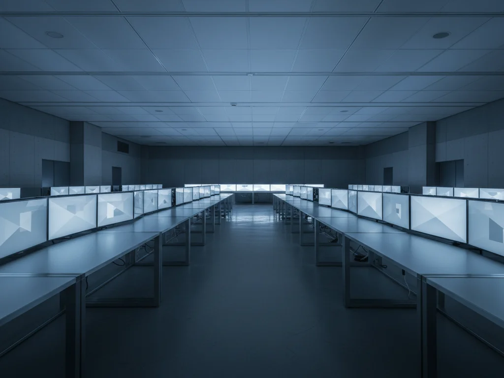 Sala de operaciones moderna con escritorios largos y luz ambiental suave