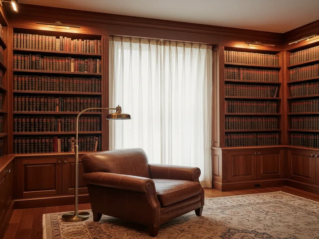 Biblioteca de family office con paneles de nogal oscuro y una lámpara de latón encendida