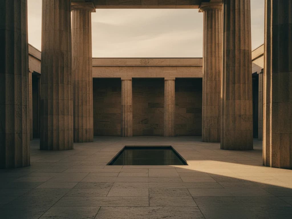 Patio de piedra moderno y minimalista con altas columnas en la hora dorada