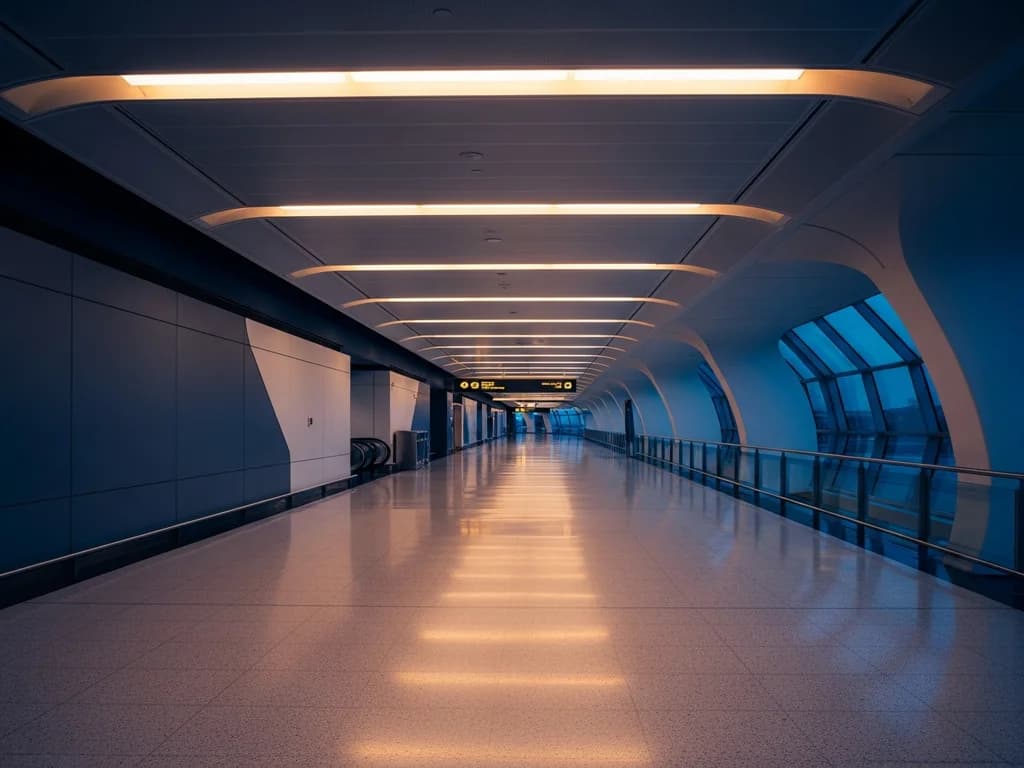 Corredor vacío de tránsito de aeropuerto internacional al anochecer con pisos de terrazo pulido