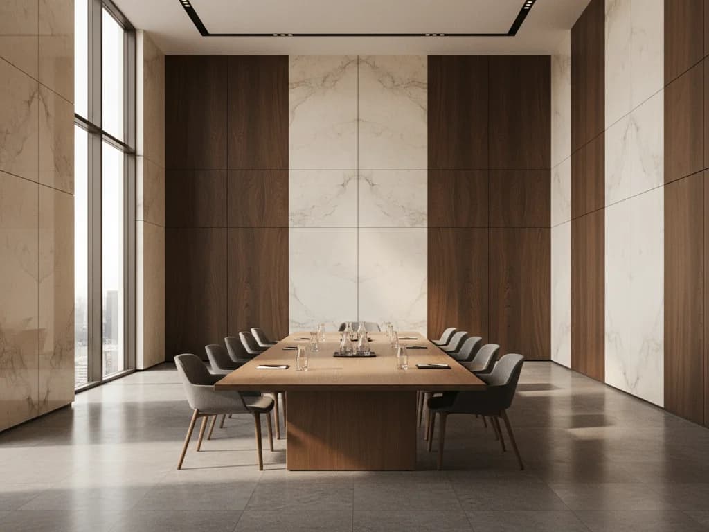 Sala de juntas de banca privada con paredes de mármol y paneles de nogal bajo luz suave de la mañana
