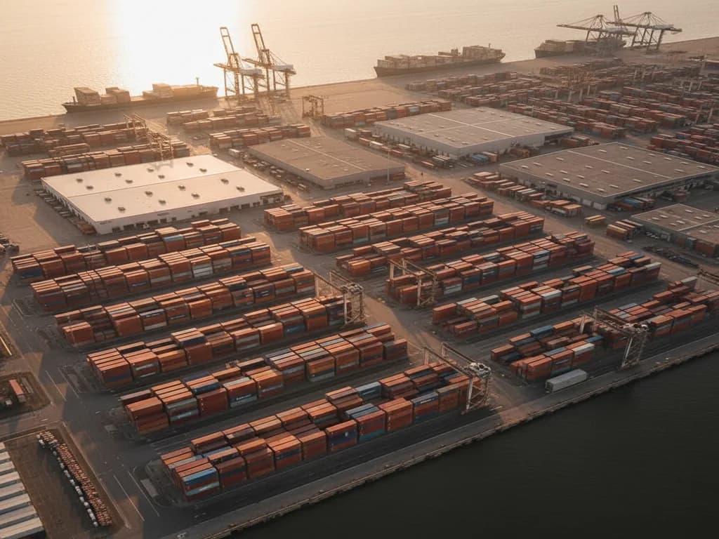 Vista aérea de un puerto logístico y de transporte marítimo moderno en la hora dorada