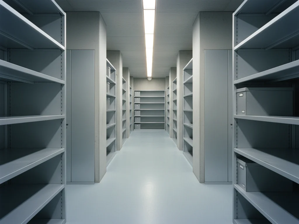 Sala de archivo institucional moderna con estanterías de acero y luz suave cenital