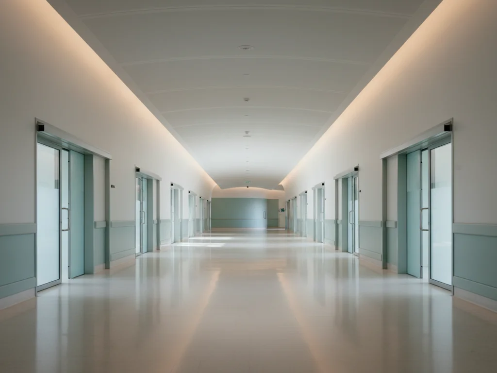 Pasillo vacío de hospital moderno con puertas de vidrio esmerilado y acentos turquesa pálido