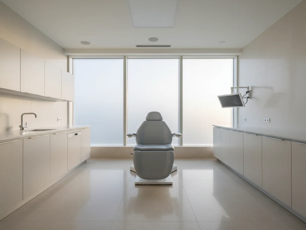Sala de examen clínico moderna al amanecer con ventana de vidrio esmerilado y sillón de tratamiento