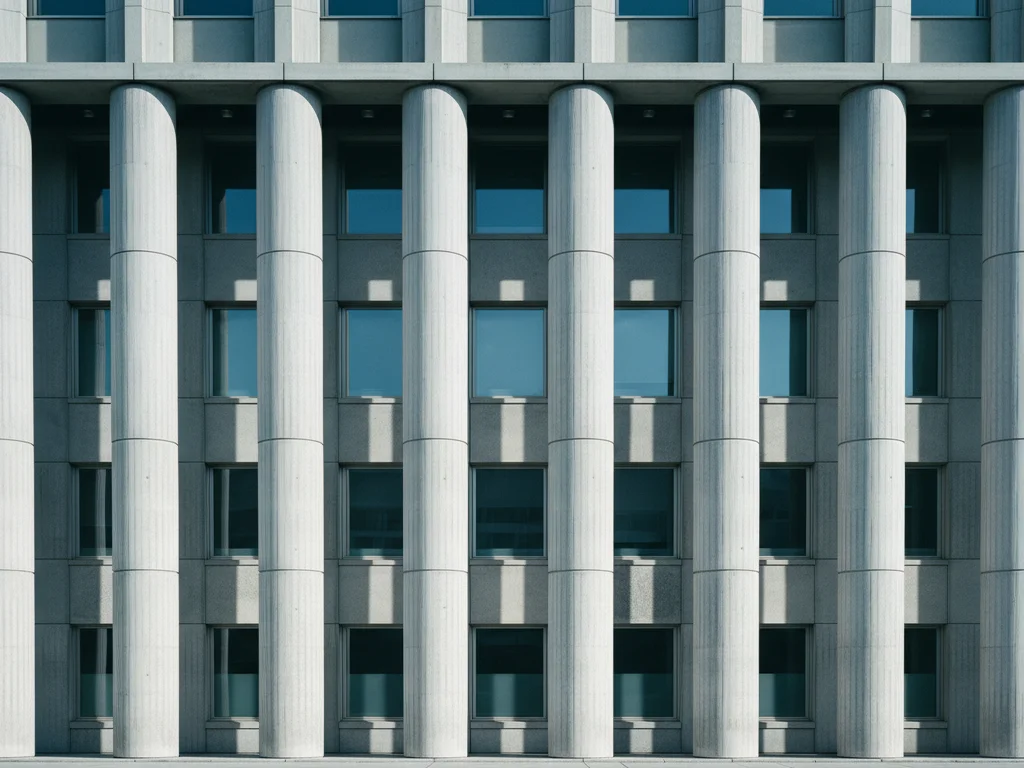 Fachada de edificio gubernamental modernista con altas columnas bajo la luz de la mañana