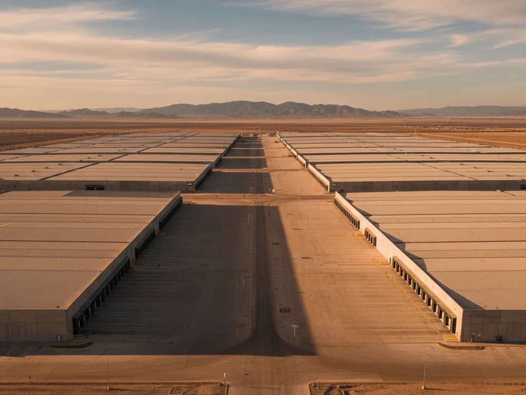 Vista aérea de un vasto parque logístico industrial en el norte de México en la hora dorada