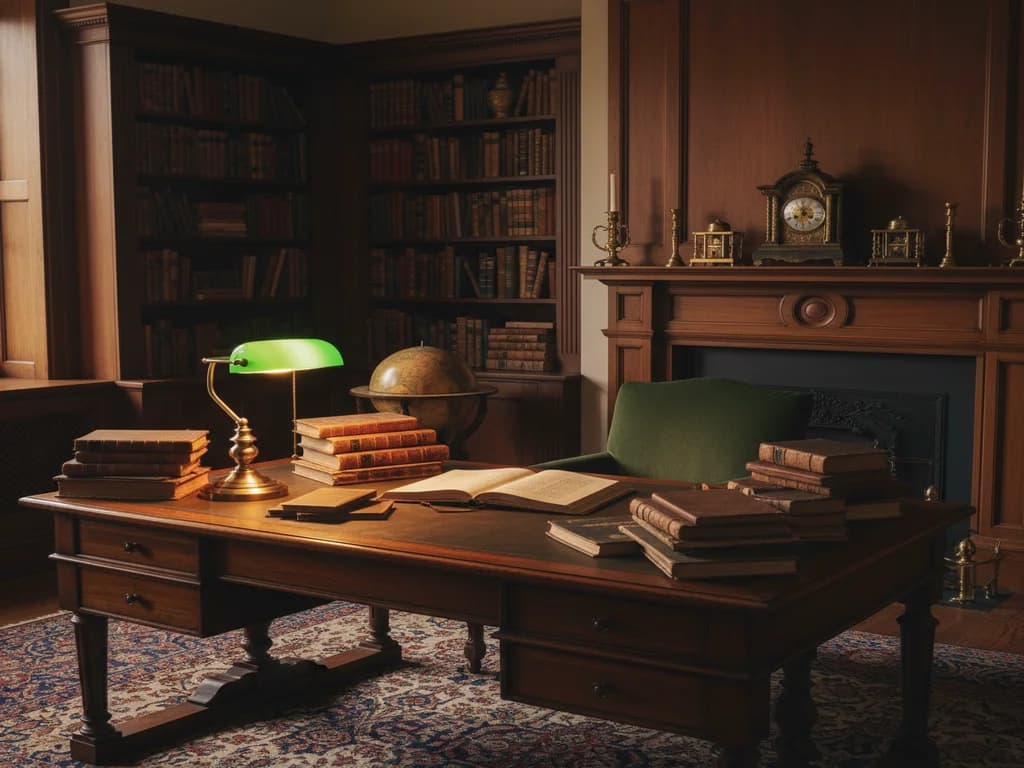 Estudio privado con escritorio antiguo de madera, libros de contabilidad y una lámpara de latón encendida